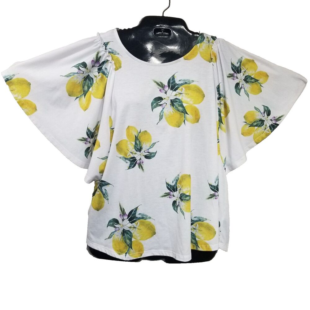 Astrologie Botanical Lemon Print Top Flutter Short Sleeve Women's Size Large